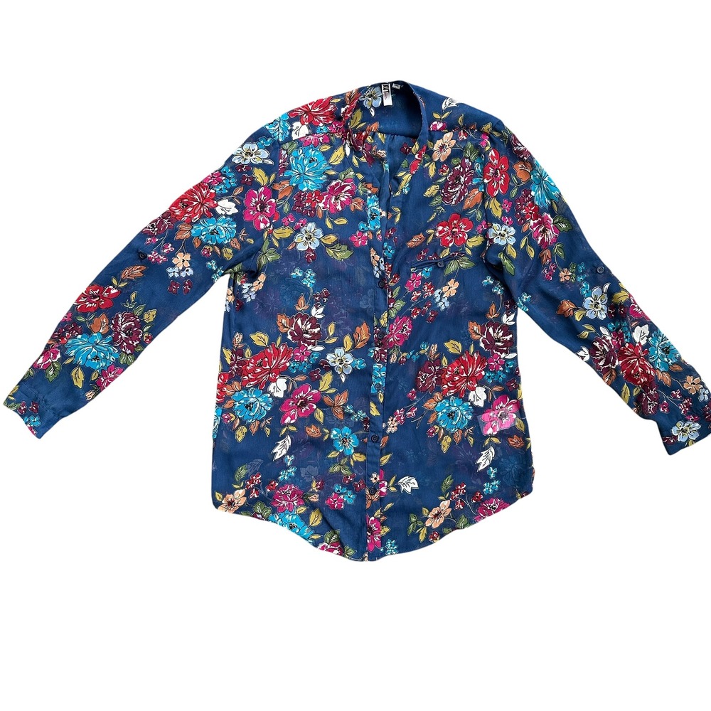 KUT from the Kloth Floral Button Down Blouse Women Large Navy Blue Excellent - Picture 1 of 7